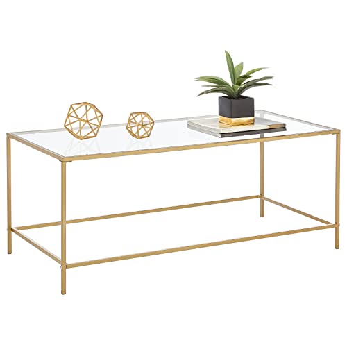 mDesign Glass Top Coffee Table - Large Minimalistic Rectangular Geometric Metal Accent Furniture Unit for Living Room…