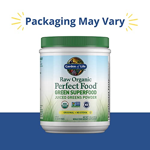 Garden of Life Raw Organic Perfect Food Green Superfood Juiced Greens Powder - Original Stevia-Free, 30 Servings, Non-GMO, Gluten Free Whole Food Dietary Supplement, Alkalize, Detoxify, Energize