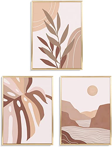 ArtbyHannah Framed Wall Art, Boho Wall Art Set of 3, Gold Framed Canvas Wall Art with Decorative Tropical Botanical…