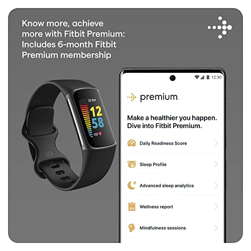 Fitbit Charge 5 Advanced Health & Fitness Tracker with Built-in GPS, Stress Management Tools, Sleep Tracking, 24/7 Heart Rate and More, Black/Graphite, One Size (S &L Bands Included)