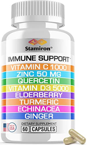 8 in 1 Immune Support with Quercetin Zinc 50mg Vitamin C 1000mg Vitamin D3 5000 IU and Elderberry Echinacea Ginger for…