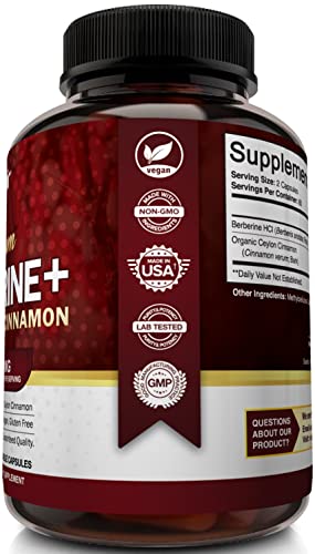 NutriFlair Premium Berberine HCL 1200mg, 120 Capsules - Plus Pure True Ceylon Cinnamon, Berberine HCI Root Supplements Pills - Supports Glucose Metabolism, Immune System, Healthy Weight Management