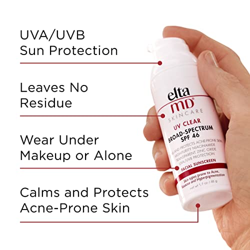 EltaMD UV Clear Face Sunscreen, SPF 46 Oil Free Sunscreen with Zinc Oxide, Protects and Calms Sensitive Skin and Acne-Prone Skin, Lightweight, Silky, Dermatologist Recommended, 1.7 oz Pump