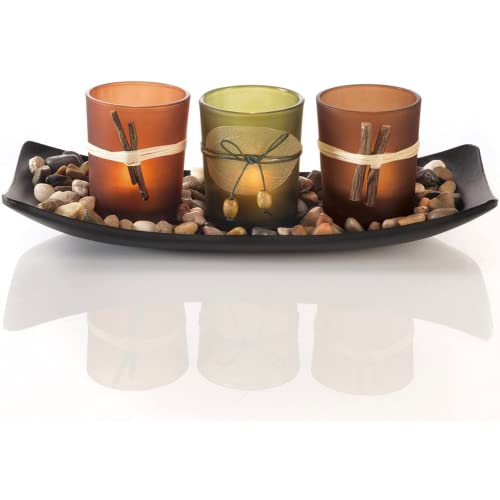 Dawhud Direct Votive Candle Holder, Vintage Decor Flameless Natural Candlescape Set, 3 LED Tea Light Candles, Rocks and…