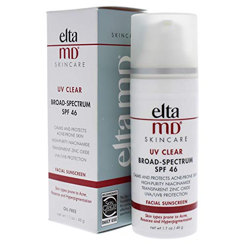 EltaMD UV Clear Face Sunscreen, SPF 46 Oil Free Sunscreen with Zinc Oxide, Protects and Calms Sensitive Skin and Acne-Prone Skin, Lightweight, Silky, Dermatologist Recommended, 1.7 oz Pump