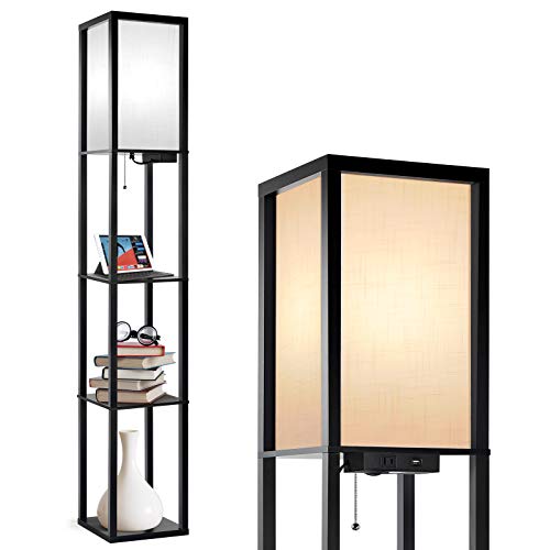 Outon Floor Lamp with Shelves, LED Column Modern Floor Lamp with USB Port & Power Outlet, Memory Function, Wood Standing…