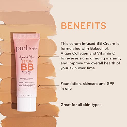 purlisse Ageless Glow Serum BB Cream SPF 40 : Clean & Cruelty-Free, Full & Flawless Coverage, Hydrates with Collagen…