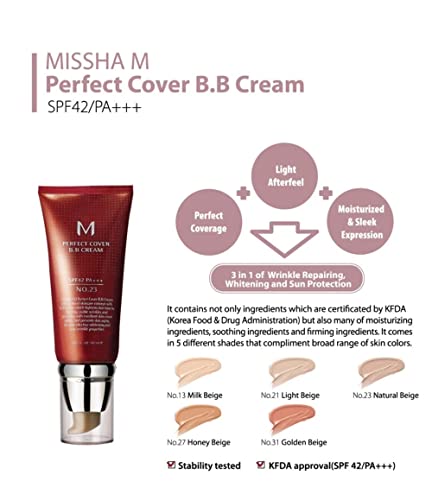 MISSHA M PERFECT COVER BB CREAM #23 SPF 42 PA+++ 50ml-Lightweight, Multi-Function, High Coverage Makeup to help infuse…