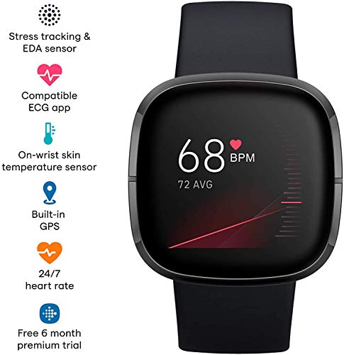 Fitbit Sense Health & Fitness Smartwatch W/GPS, Bluetooth Call/Text, Heart Rate SpO2, ECG, Skin Temperature & Stress Sensing (S & L Bands, 90 Day Premium Included) International Version (Graphite)