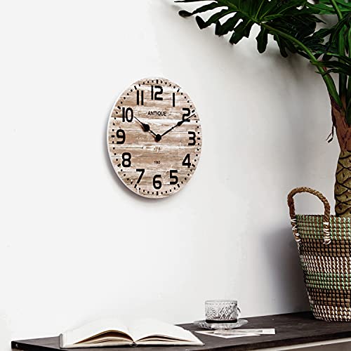 NIKKY HOME Farmhouse Wooden Wall Clock - 12 Inch Battery Operated Silent Non Ticking Vintage Rustic Distressed Wood…