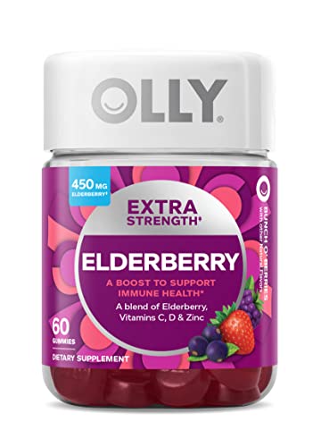 OLLY Extra Strength Elderberry Gummies, Immune Support, 450mg Elderberry, Vitamin C, D and Zinc, Berry - 60 Count