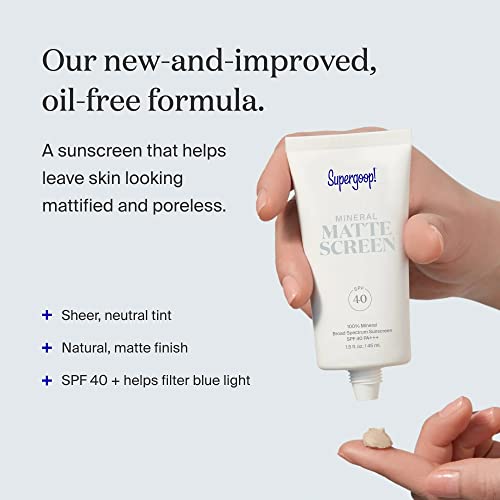 Supergoop! Mineral Mattescreen SPF 40 - 45 mL - 100% Mineral, Oil-Free Broad Spectrum Sunscreen - Smooths Skin’s Appearance, Minimizes Pores & Controls Shine - Water & Sweat Resistant