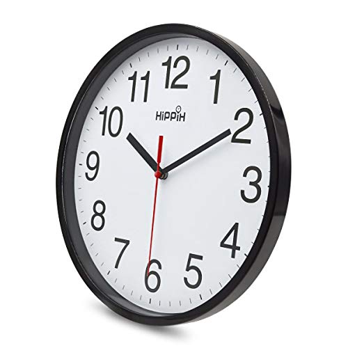 HIPPIH Clock Black Wall Clock Silent Non Ticking Quality Quartz - 10 Inch Round Easy to Read for Home Office & School…