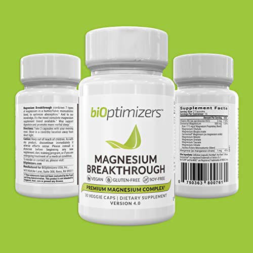 BiOptimizers - Magnesium Breakthrough Supplement 4.0 - Has 7 Forms of Magnesium: Glycinate, Malate, Citrate, and More - Natural Sleep and Brain Supplement - 30 Capsules