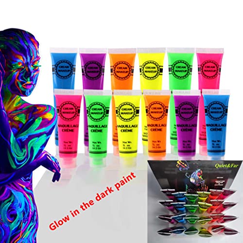 Quiet&Far Body Paint Set with tubes 24 x 25 ml / 1 fl oz Neon Glow in the dark paint face paint Blacklight Reactive…