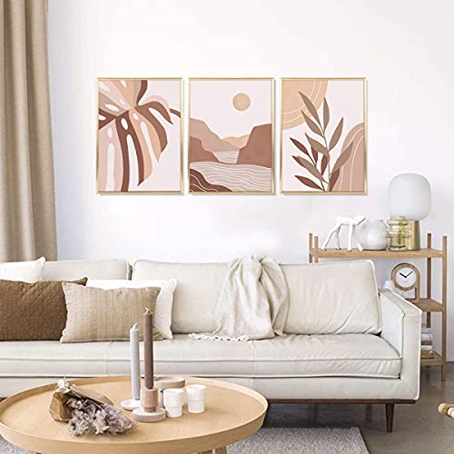 ArtbyHannah Framed Wall Art, Boho Wall Art Set of 3, Gold Framed Canvas Wall Art with Decorative Tropical Botanical…