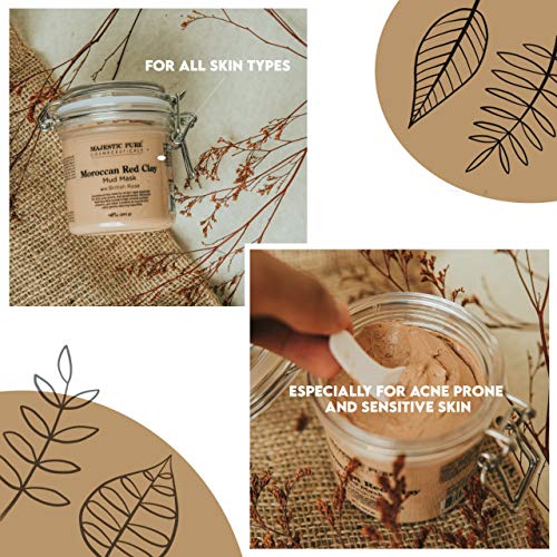 MAJESTIC PURE Moroccan Red Clay Facial Mud Mask with British Rose - Natural Skin Care Mask for Pore Cleansing and Dull…