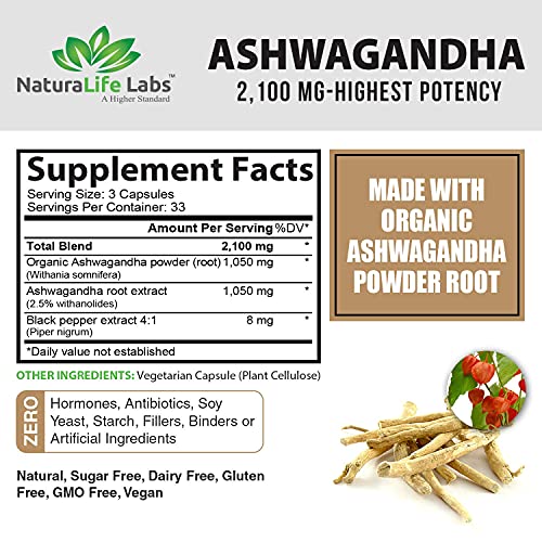 Organic Ashwagandha 2,100 mg - 100 Vegan Capsules Pure Organic Ashwagandha Powder and Root Extract - Stress Relief, Mood Enhancer, Immune & Thyroid Support