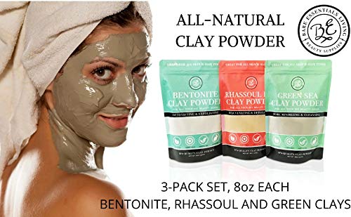 Bare Essentials Living Bentonite (Indian Healing), Moroccan (Red Rhassoul), and Green (French-Sea) Clay Powder - 3…