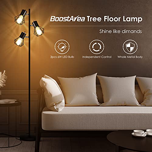 BoostArea Industrial Floor Lamp,Standing Lamp,Farmhouse Tree Floor Lamp with 3pcs 6W Edison Bulbs,Free Adjustable Cage…