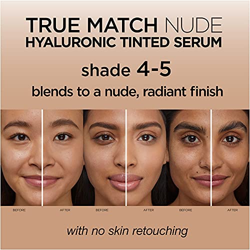 L'Oréal Paris True Match Nude Hyaluronic Tinted Serum Foundation with 1% Hyaluronic acid, Medium 4-5, 1 fl. oz.
