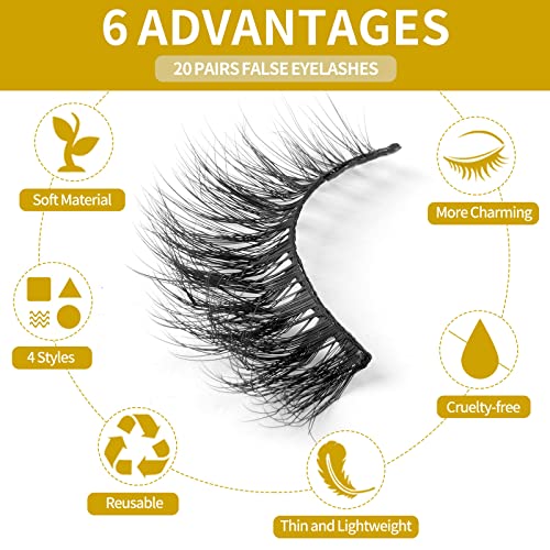 MAGEFY 20 Pairs 4 Styles Eyelashes Faux Mink Lashes Pack Fluffy False Eyelashes Natural Look