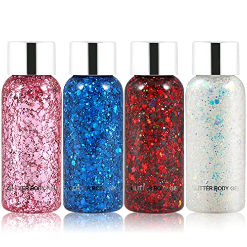 Body Glitter Gel Set 4 Colors Sequins Chunky Glitter Gel Colorful Eyeshadow Glitter Holographic Body Gel for Festival…