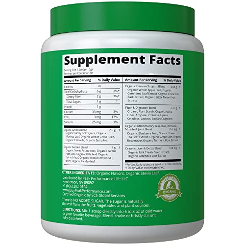 Peak Performance Organic Greens Superfood Powder. Best Tasting Super Greens Powder with 25+ Organic Ingredients for Max Energy and Athletic Performance. Vegan Keto Green Juice Daily Drink