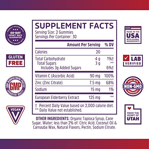 Zhou Nutrition Elder-Mune Sambucus Elderberry Gummies with Zinc and Vitamin C for Kids & Adults (Age 4+) Immune Support…