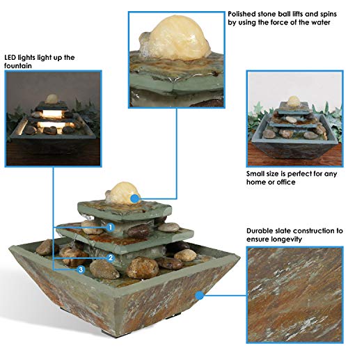 Sunnydaze 8-Inch Ascending Slate Tiered Tabletop Water Fountain with LED Light and Polished Stone Ball