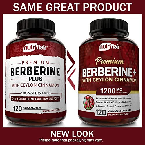 NutriFlair Premium Berberine HCL 1200mg, 120 Capsules - Plus Pure True Ceylon Cinnamon, Berberine HCI Root Supplements Pills - Supports Glucose Metabolism, Immune System, Healthy Weight Management