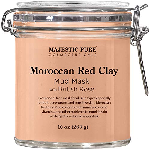 MAJESTIC PURE Moroccan Red Clay Facial Mud Mask with British Rose - Natural Skin Care Mask for Pore Cleansing and Dull…