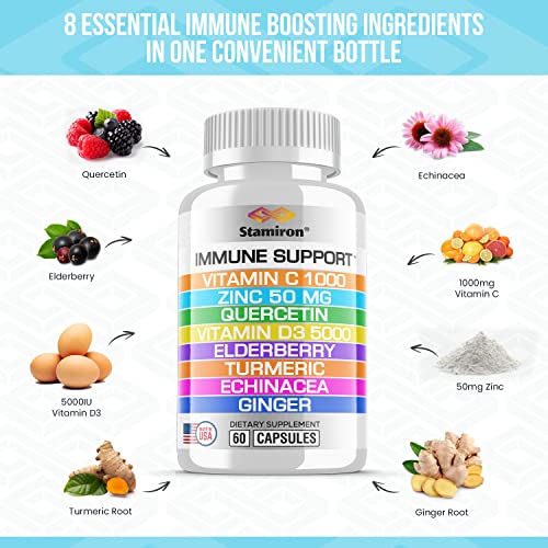 8 in 1 Immune Support with Quercetin Zinc 50mg Vitamin C 1000mg Vitamin D3 5000 IU and Elderberry Echinacea Ginger for…