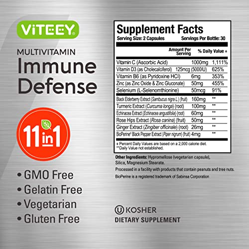 11 in 1 Immune Defense Support Supplement Booster with Vitamin C, Vitamin D3, Vitamin B6, Zinc, Elderberry, Echinacea…