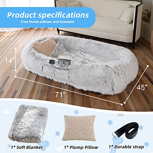 WROS Human Dog Bed, 71"x45"x14" Dog Beds for Humans Size Fits You and Pets, Washable Faux Fur Human Dog Bed for People Doze Off, Napping Orthopedic Dog Bed, Present Plump Pillow, Blanket, Strap - Grey