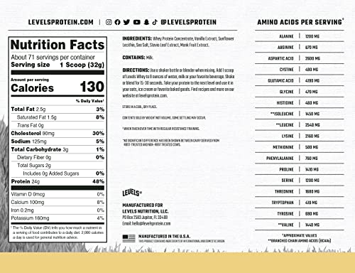 Levels Grass Fed 100% Whey Protein, No Hormones, Vanilla Bean, 5LB