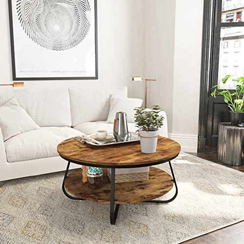 Elephance Round Coffee Table with Storage, 35.8 Inch Industrial Wood Coffee Table with Metal Frame for Living Room…