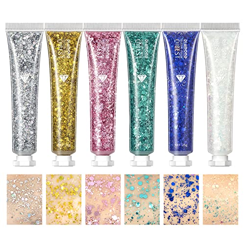 6 Pack Body Glitter Gel Face Glitter for Body, Face, Eye, Hair, Nails Glitter Makeup Liquid Long Lasting Sparkling…