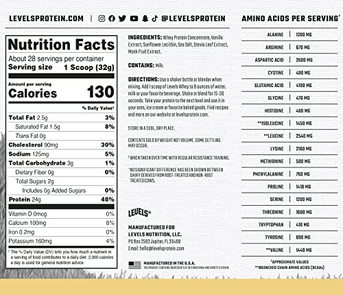 Levels Grass Fed 100% Whey Protein, No Hormones, Vanilla Bean, 2LB