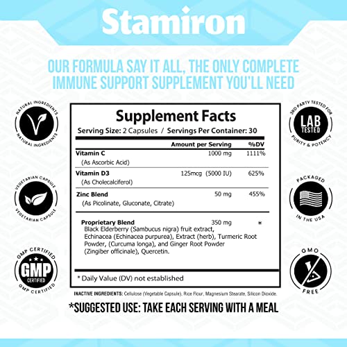 8 in 1 Immune Support with Quercetin Zinc 50mg Vitamin C 1000mg Vitamin D3 5000 IU and Elderberry Echinacea Ginger for…