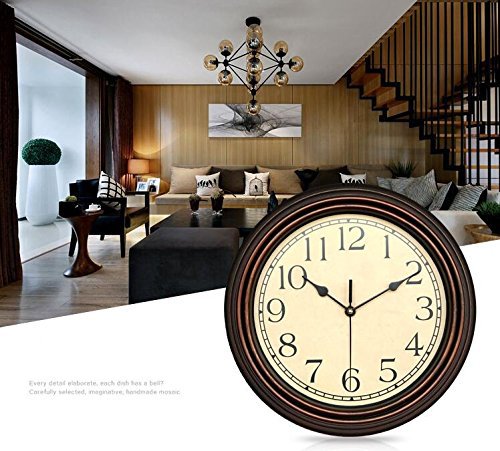 Bekith 12-Inch Round Classic Clock Retro Non Ticking Quartz Decorative Wall Clock for Living Room Kitchen Home Office