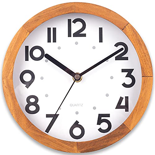 BEW Small Wall Clock, 8 Inch Silent Retro Wooden Wall Clock, Decorative Wood Wall Clock for Kitchen, Bedroom, Living…
