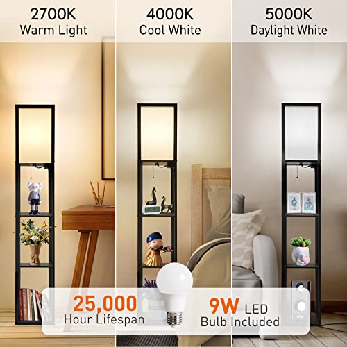 Outon Floor Lamp with Shelves, LED Column Modern Floor Lamp with USB Port & Power Outlet, Memory Function, Wood Standing…