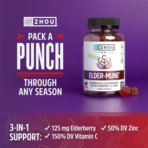 Zhou Nutrition Elder-Mune Sambucus Elderberry Gummies with Zinc and Vitamin C for Kids & Adults (Age 4+) Immune Support…