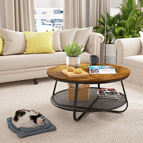Teraves Industrial Coffee Table for Living Room,Round Coffee Table with Storage Shelf,Modern Coffee Table with Metal…