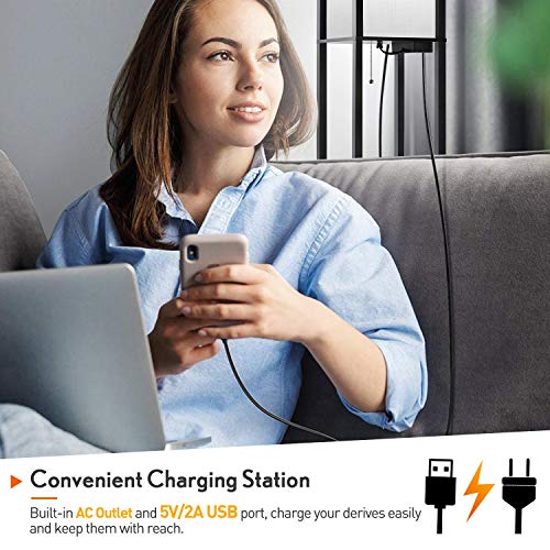 Outon Floor Lamp with Shelves, LED Column Modern Floor Lamp with USB Port & Power Outlet, Memory Function, Wood Standing…