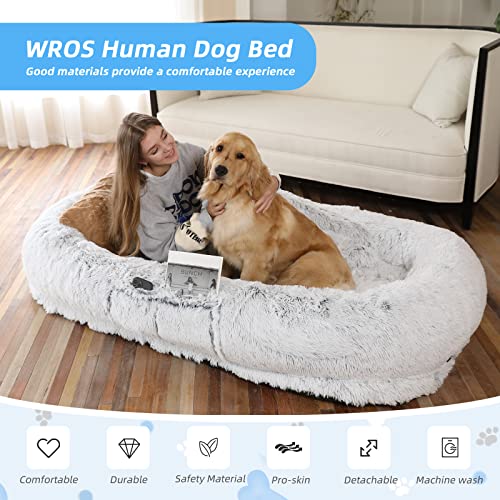 WROS Human Dog Bed, 71"x45"x14" Dog Beds for Humans Size Fits You and Pets, Washable Faux Fur Human Dog Bed for People Doze Off, Napping Orthopedic Dog Bed, Present Plump Pillow, Blanket, Strap - Grey