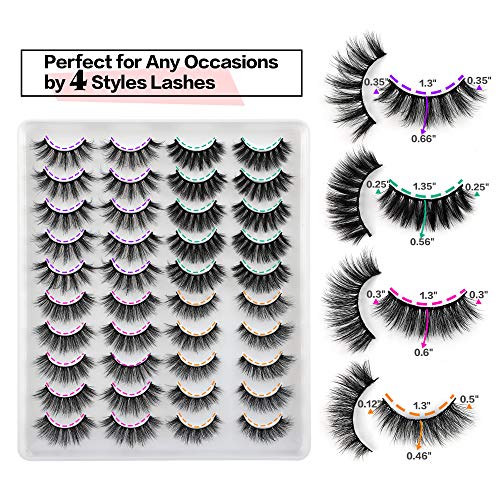 JIMIRE 20 Pairs False Eyelashes 4 Styles Fluffy Eyelashes Pack 3D Volume Faux Mink Lashes Packs