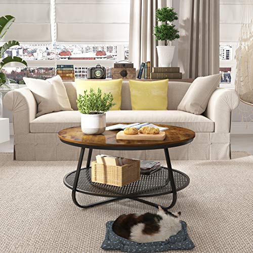 Teraves Industrial Coffee Table for Living Room,Round Coffee Table with Storage Shelf,Modern Coffee Table with Metal…