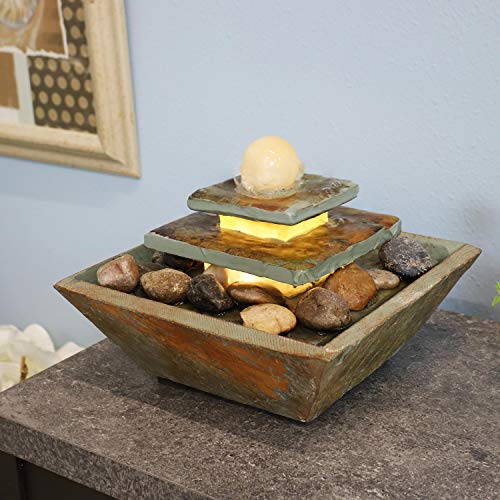 Sunnydaze 8-Inch Ascending Slate Tiered Tabletop Water Fountain with LED Light and Polished Stone Ball